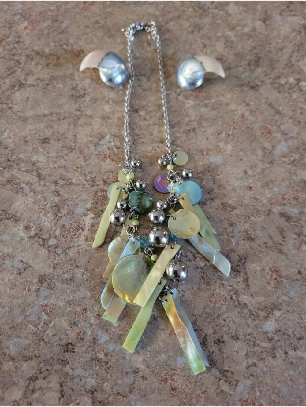 Iridiscent Mother of Pearl Shell & Silver Bead Drop Necklace and Shell Earrings
